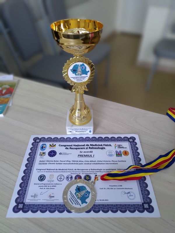 1. Premiul I lucrarea cu tema ,, Chronic lumbar musculoskeletal pain: medical rehabilitation interventions.” BULAI M., PASCAL O., TĂBÎRȚĂ A., CÎRÎM M., CHIHAI V., PLEȘCA S. , la Congresul Național cu participare Internațională de Medicină Fizică, de Recuperare și Balneologie, 02.09.23-05.09.23, Timișoara, România.